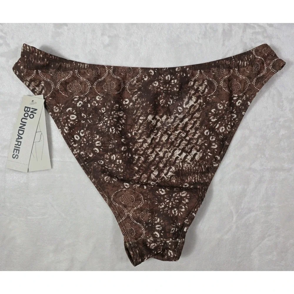 No Boundaries Bikini Set Brown Print Bandeau Cheeky High Leg M 8-10 NWT